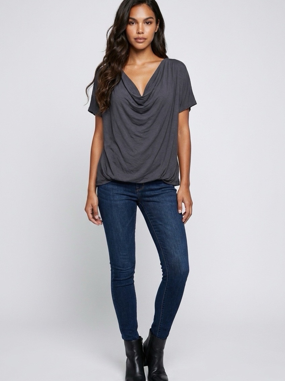 Umgee Charcoal Draped V-Neck Short Sleeve Top